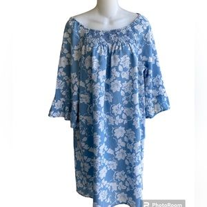 New Directions Chambray Shift Dress Off Shoulder Floral Bell Sleeves Ladies PM
